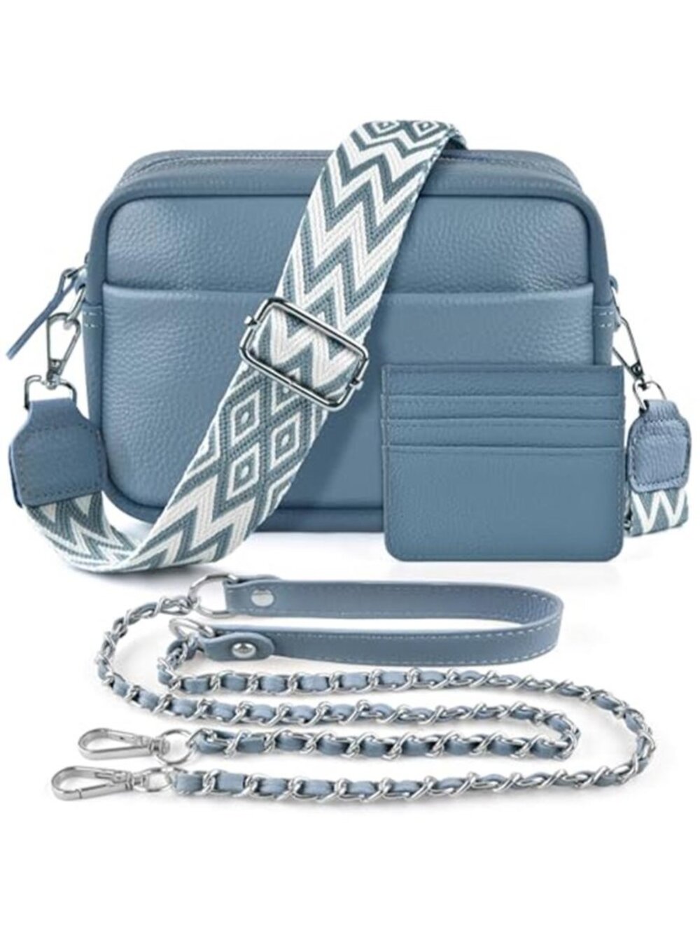 Blue Leather Crossbody Bag Women Small Shoulder Purse Adjustable Wide Strap